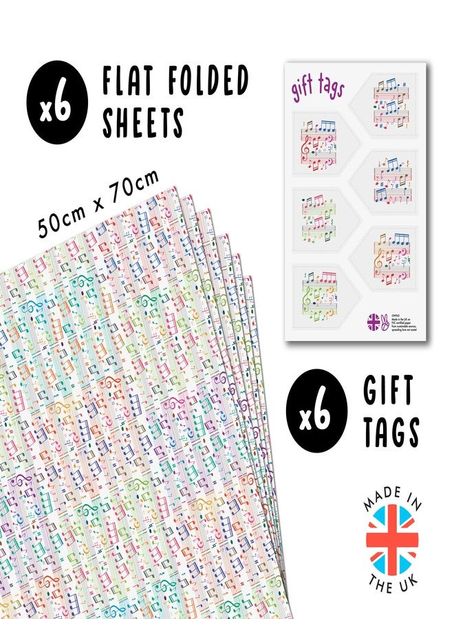 CENTRAL 23 White Wrapping Paper - Music Notes - 6 Gift Wrap Sheets With Tags - Music Lover - Recyclable Wrapping Paper - For Birthday Wedding Anniversary - Image 2